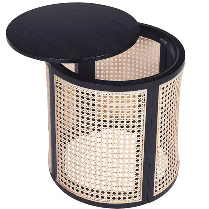 Tavolino Rotondo in Rattan da 15,7", Tavolino d'Appoggio in Legno Massello di Gomma per Soggiorno o Camera da Letto