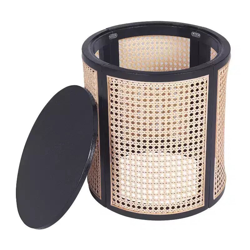 Tavolino Rotondo in Rattan da 15,7", Tavolino d'Appoggio in Legno Massello di Gomma per Soggiorno o Camera da Letto