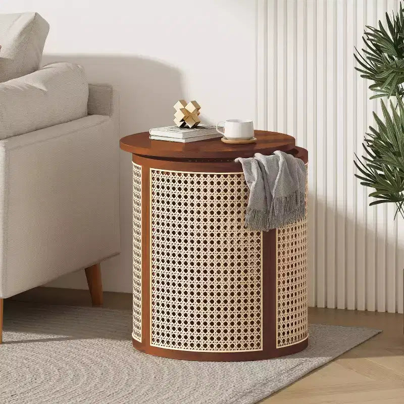 Tavolino Rotondo in Rattan da 15,7", Tavolino d'Appoggio in Legno Massello di Gomma per Soggiorno o Camera da Letto