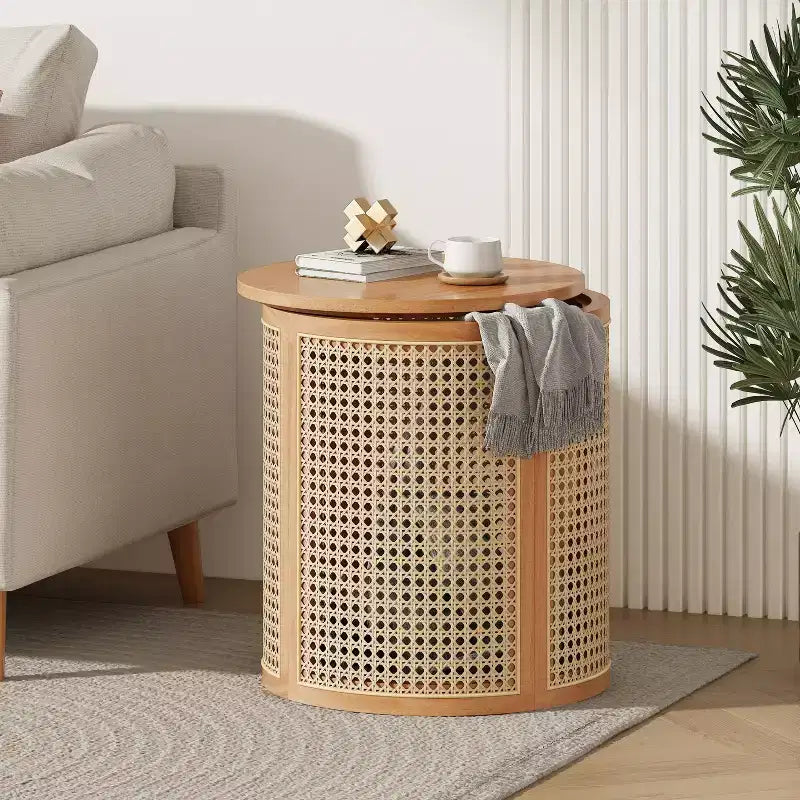 Tavolino Rotondo in Rattan da 15,7", Tavolino d'Appoggio in Legno Massello di Gomma per Soggiorno o Camera da Letto