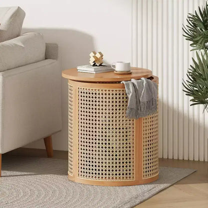 Tavolino Rotondo in Rattan da 15,7", Tavolino d'Appoggio in Legno Massello di Gomma per Soggiorno o Camera da Letto