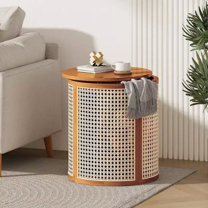Tavolino Rotondo in Rattan da 15,7", Tavolino d'Appoggio in Legno Massello di Gomma per Soggiorno o Camera da Letto