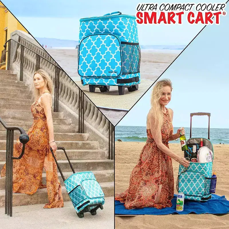 Carrello frigo isolato ultracompatto, frigo portatile pieghevole con ruote per spiaggia, barbecue e picnic, 36 lattine